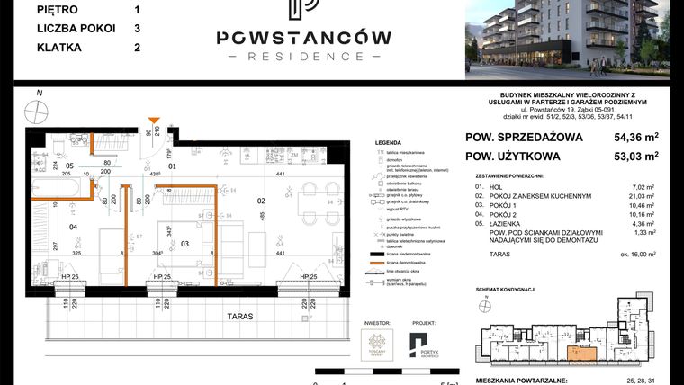 Rzut - Mieszkanie na sprzedaż 3 pokoje o powierzchni 54,36 m² - numer 22 w Powstańców Residence