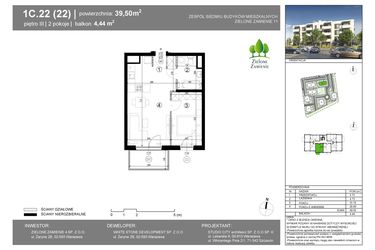 Rzut - Mieszkanie na sprzedaż 2 pokoje o powierzchni 39,5 m² - numer 1C.22 w Zielone Zamienie XI
