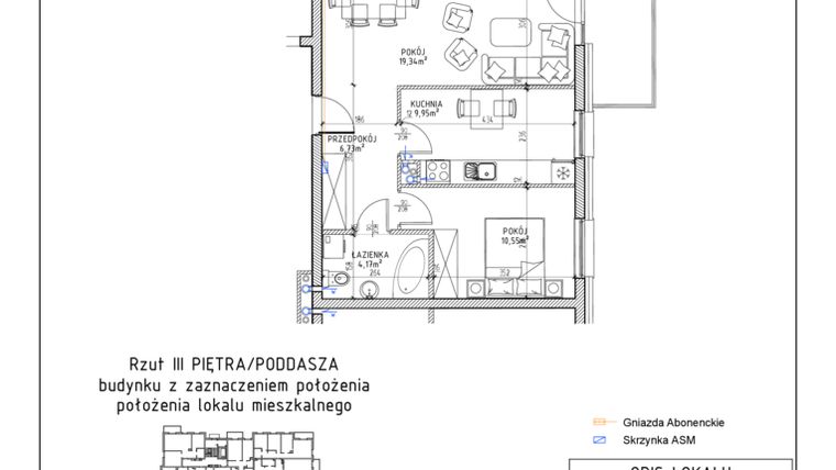 Rzut - Mieszkanie na sprzedaż 2 pokoje o powierzchni 50,74 m² - numer 59 w Osiedle Sady bud. E4