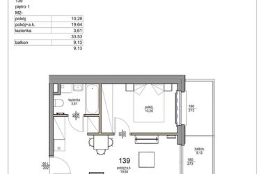 Rzut - Mieszkanie na sprzedaż 2 pokoje o powierzchni 33,53 m² - numer 139 w Rezydencja Liwska 3