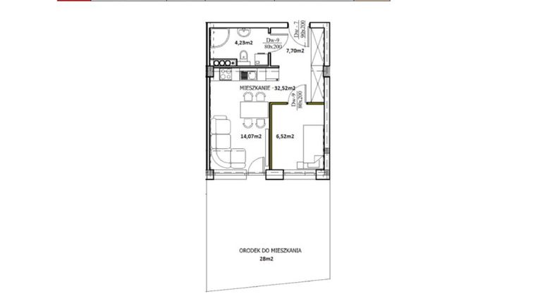 Rzut - Mieszkanie na sprzedaż 2 pokoje o powierzchni 32,52 m² - numer 2 w Miasteczko Na Szlaku Kultur, etap II
