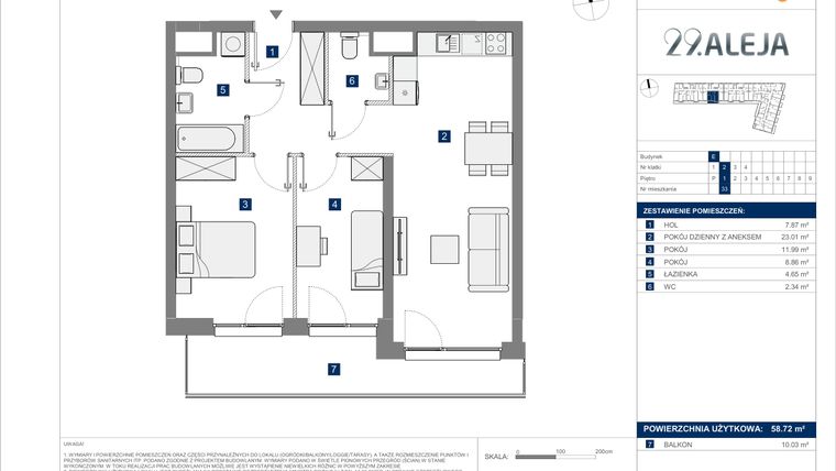 Rzut - Mieszkanie na sprzedaż 2 pokoje o powierzchni 45,53 m² - numer E.31 w 29. Aleja etap 2