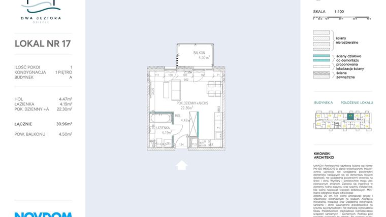 Rzut - Mieszkanie na sprzedaż 1 pokój o powierzchni 30,96 m² - numer A.17 w Dwa Jeziora