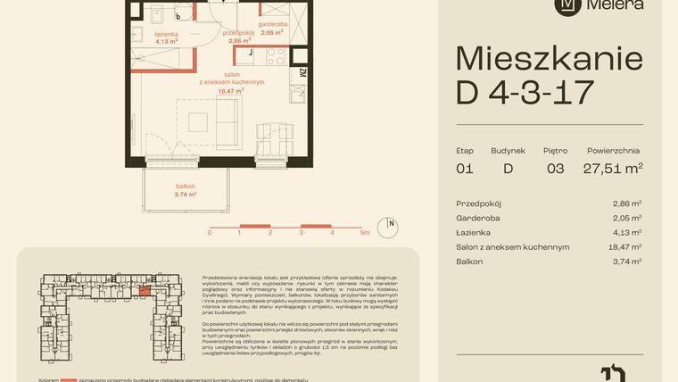 Rzut - Mieszkanie na sprzedaż 1 pokój o powierzchni 27,51 m² - numer D4-3-17 w Osiedle Meiera