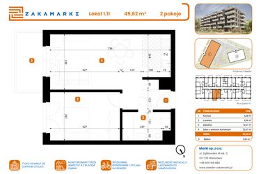 Rzut - Mieszkanie na sprzedaż 2 pokoje o powierzchni 45,62 m² - numer B1/1/11 w Zakamarki