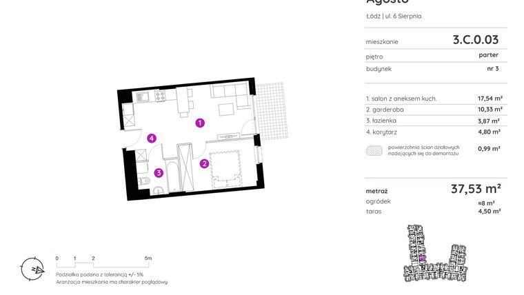 Rzut - Mieszkanie na sprzedaż 1 pokój o powierzchni 37,53 m² - numer 3.C.0.03 w Murapol Agosto