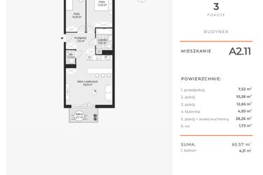 Rzut - Mieszkanie na sprzedaż 3 pokoje o powierzchni 65,49 m² - numer A2.11 w Enklawa Bukowa