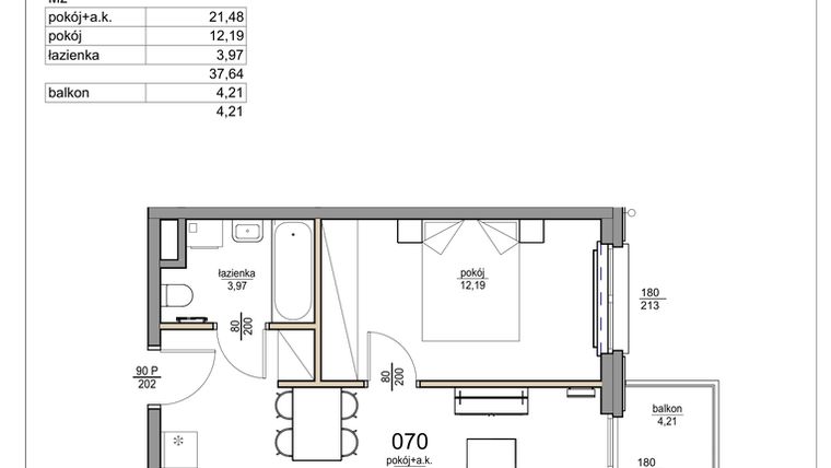 Rzut - Mieszkanie na sprzedaż 2 pokoje o powierzchni 37,64 m² - numer 70 w Rezydencja Liwska 3