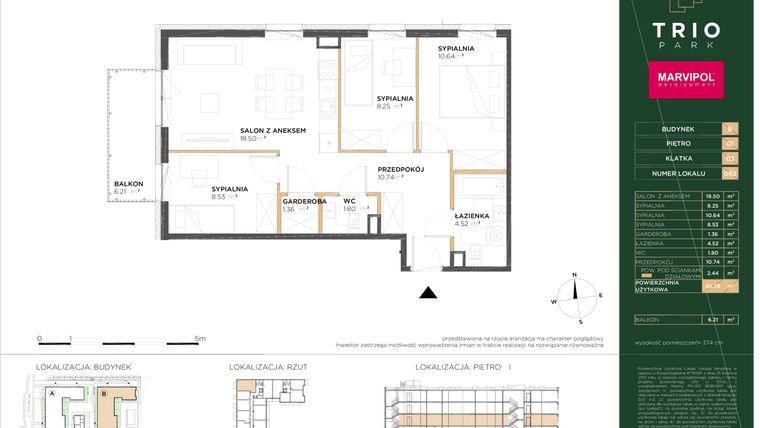 Rzut - Mieszkanie na sprzedaż 4 pokoje o powierzchni 66,78 m² - numer B082 w Trio Park