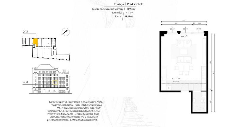 Rzut - Mieszkanie na sprzedaż 1 pokój o powierzchni 38,43 m² - numer G2/8 – 208 w Krupnicza 6/8