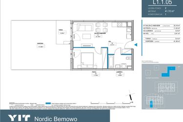 Rzut - Mieszkanie na sprzedaż 2 pokoje o powierzchni 41,7 m² - numer L1.1.05 w Nordic Bemowo - etap III
