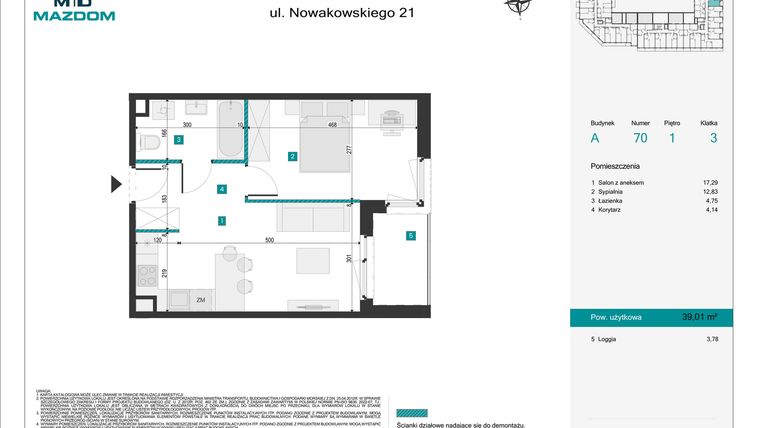 Rzut - Mieszkanie na sprzedaż 2 pokoje o powierzchni 39,01 m² - numer 70 w Błonie Vita