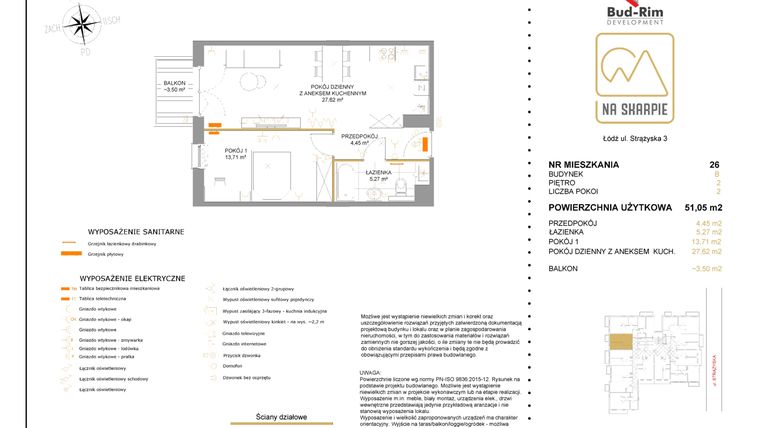 Rzut - Mieszkanie na sprzedaż 2 pokoje o powierzchni 51,05 m² - numer B26 w Na Skarpie bud. B