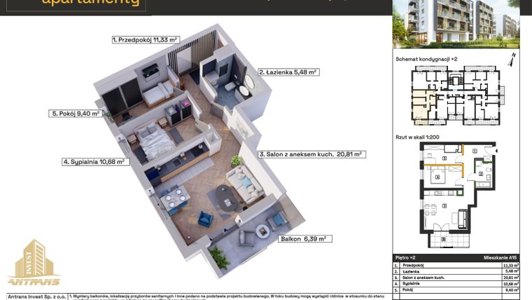 Rzut - Mieszkanie na sprzedaż 3 pokoje o powierzchni 57,7 m² - numer A15 w Osiedle Wełnowe Apartamenty