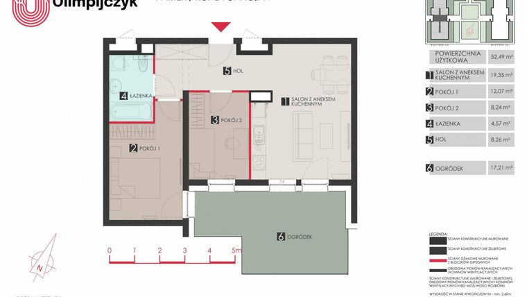 Rzut - Mieszkanie na sprzedaż 3 pokoje o powierzchni 52,49 m² - numer D2 w Osiedle Olimpijczyk II etap