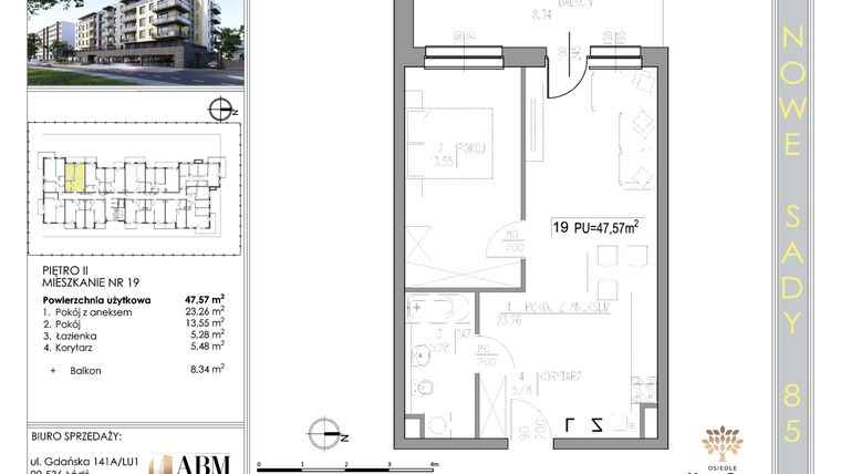 Rzut - Mieszkanie na sprzedaż 2 pokoje o powierzchni 47,62 m² - numer 19 w Nowe Sady 85