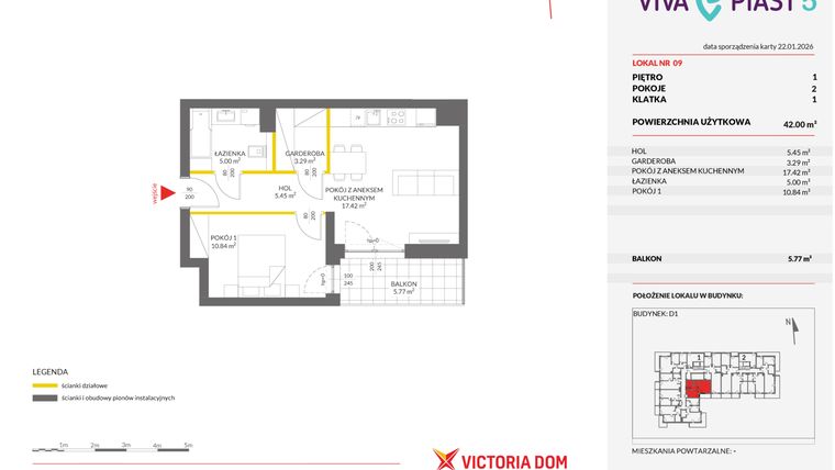 Rzut - Mieszkanie na sprzedaż 2 pokoje o powierzchni 41,9 m² - numer A.9 w Viva Piast 5
