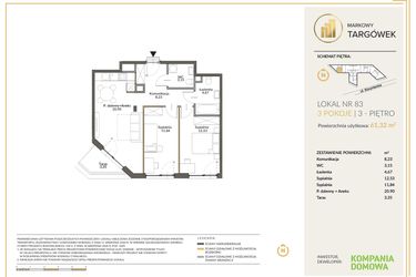 Rzut - Mieszkanie na sprzedaż 3 pokoje o powierzchni 61,37 m² - numer 83 w Markowy Targówek