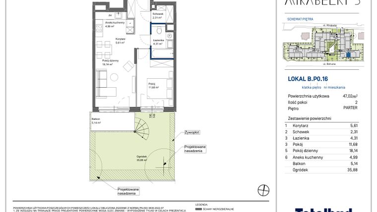 Rzut - Mieszkanie na sprzedaż 2 pokoje o powierzchni 47,29 m² - numer B.P0.16 w Mirabelki 5