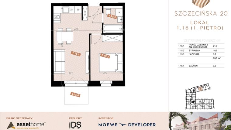 Rzut - Mieszkanie na sprzedaż 2 pokoje o powierzchni 35,3 m² - numer 115 w Szczecińska 20