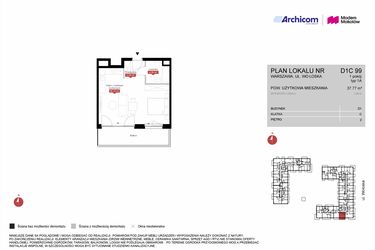 Rzut - Mieszkanie na sprzedaż 1 pokój o powierzchni 37,77 m² - numer D1C 99 w Modern Mokotów etap 4, budynek D1 i D2