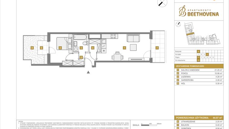 Rzut - Mieszkanie na sprzedaż 2 pokoje o powierzchni 44,07 m² - numer A75 w Apartamenty Beethovena