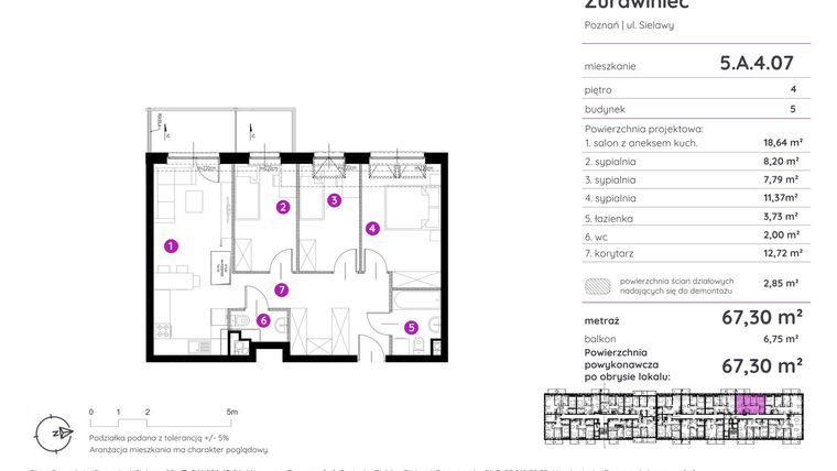 Rzut - Mieszkanie na sprzedaż 4 pokoje o powierzchni 67,3 m² - numer 5.A.4.07 w Murapol Zielony Żurawiniec