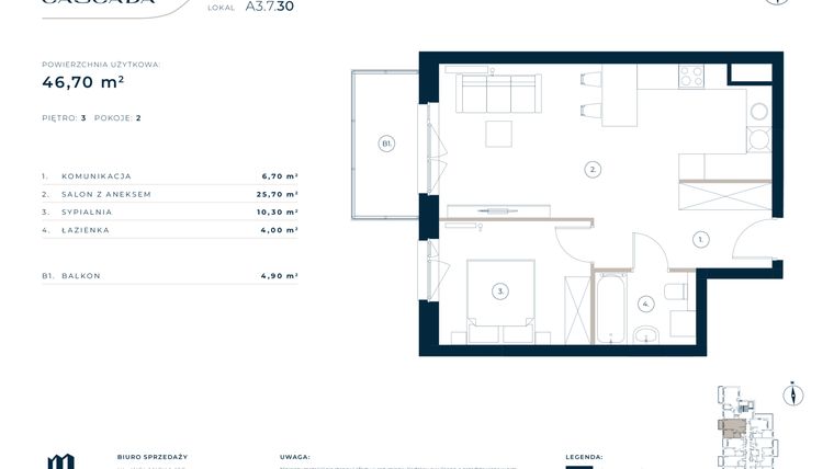 Rzut - Mieszkanie na sprzedaż 2 pokoje o powierzchni 46,7 m² - numer A3.7.30 w Cascada