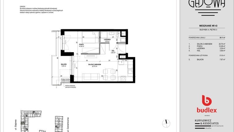 Rzut - Mieszkanie na sprzedaż 2 pokoje o powierzchni 39,11 m² - numer 43 w Gajowa bud. A