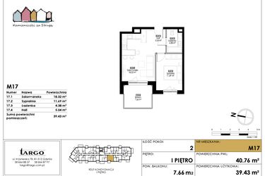 Rzut - Mieszkanie na sprzedaż 2 pokoje o powierzchni 39,43 m² - numer M17 w Kamieniczki za Strugą