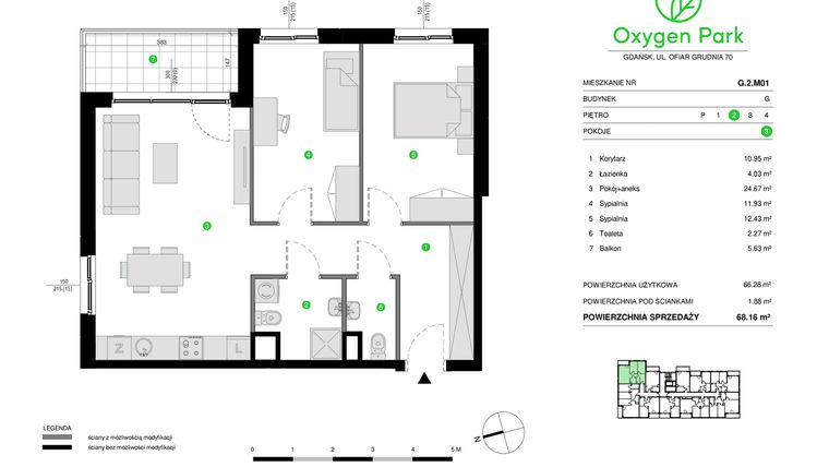 Rzut - Mieszkanie na sprzedaż 3 pokoje o powierzchni 68,16 m² - numer G.2.M01 w Oxygen Park etap III