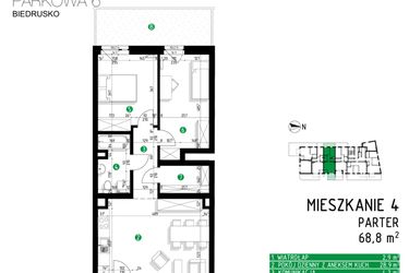 Rzut - Mieszkanie na sprzedaż 3 pokoje o powierzchni 68,8 m² - numer 6B.4 w Parkowa 6B - ETAP II