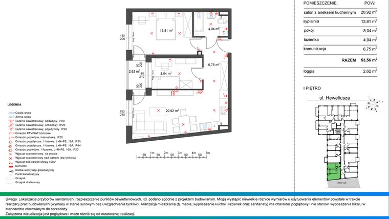 Rzut - Mieszkanie na sprzedaż 3 pokoje o powierzchni 53,56 m² - numer M13A w Leśne Tarasy etap IIIA