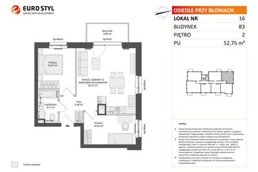 Rzut - Mieszkanie na sprzedaż 3 pokoje o powierzchni 52,75 m² - numer B3.16 w Osiedle Przy Błoniach 3 etap III