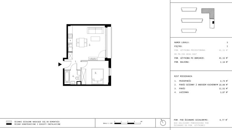 Rzut - Mieszkanie na sprzedaż 2 pokoje o powierzchni 41,12 m² - numer D3.1 w Wynalazek 3A