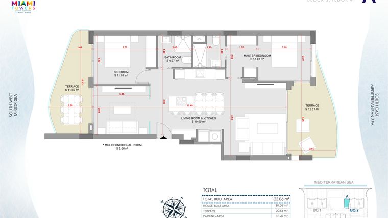 Rzut - Mieszkanie na sprzedaż 3 pokoje o powierzchni 122,06 m² - numer P4-BL2-A w Miami Towers