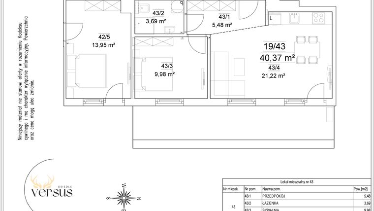 Rzut - Mieszkanie na sprzedaż 2 pokoje o powierzchni 40,37 m² - numer 19/43 w Osiedle Versus etap II
