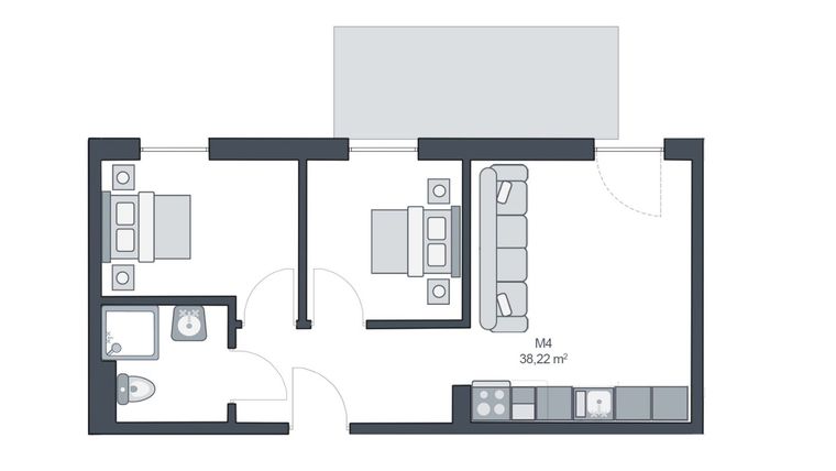 Rzut - Mieszkanie na sprzedaż 3 pokoje o powierzchni 38,22 m² - numer M4 w TARASY GĄSKI