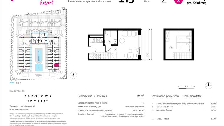 Rzut - Mieszkanie na sprzedaż 1 pokój o powierzchni 31,1 m² - numer 215 w VacationClub Resort