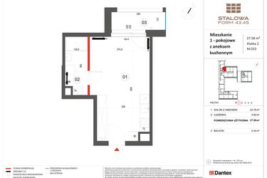 Rzut - Mieszkanie na sprzedaż 1 pokój o powierzchni 27,58 m² - numer 33 w Stalowa Form 43.45