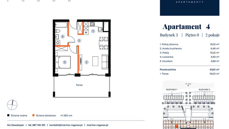 Rzut - Mieszkanie na sprzedaż 2 pokoje o powierzchni 43,61 m² - numer 4 w Apartamenty Marina Rogowo