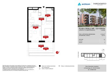 Rzut - Mieszkanie na sprzedaż 2 pokoje o powierzchni 41,5 m² - numer D3 1/0/6/2a w Dąbrowskiego Stare Podgórze