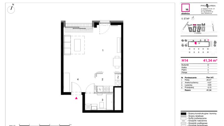 Rzut - Mieszkanie na sprzedaż 1 pokój o powierzchni 41,34 m² - numer H14 w 19. Dzielnica Etap V