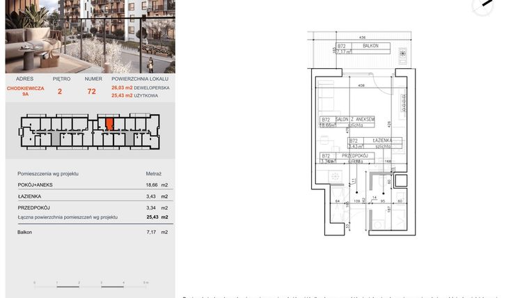 Rzut - Mieszkanie na sprzedaż 1 pokój o powierzchni 25,43 m² - numer B72 w Symfonia - Chodkiewicza 9