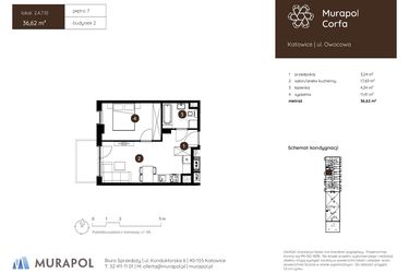Rzut - Mieszkanie na sprzedaż 2 pokoje o powierzchni 36,62 m² - numer 2.A.7.10 w Murapol Corfa