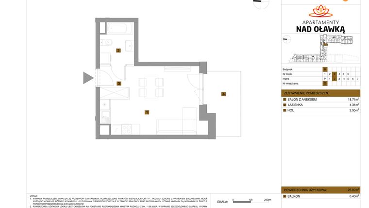 Rzut - Mieszkanie na sprzedaż 1 pokój o powierzchni 25,97 m² - numer 65 w Apartamenty nad Oławką etap II