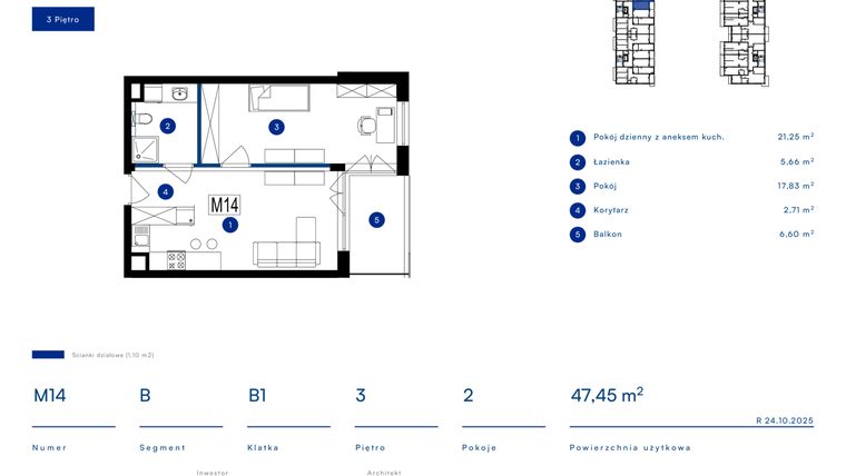 Rzut - Mieszkanie na sprzedaż 2 pokoje o powierzchni 47,45 m² - numer 14B w Przy Bursztynowej
