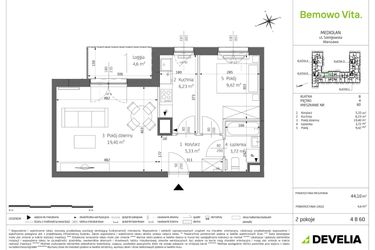 Rzut - Mieszkanie na sprzedaż 2 pokoje o powierzchni 44,08 m² - numer B4/4/B60 w Bemowo Vita