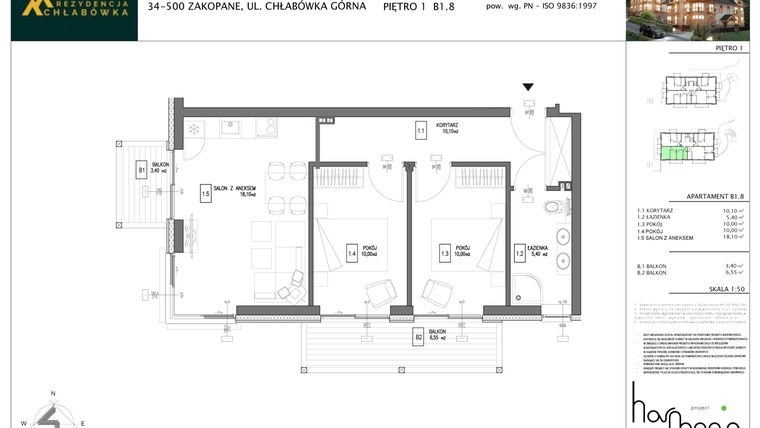 Rzut - Mieszkanie na sprzedaż 3 pokoje o powierzchni 53,6 m² - numer B1.8 w Rezydencja Chłabówka