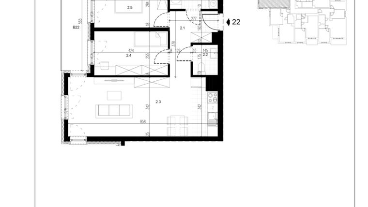 Rzut - Mieszkanie na sprzedaż 3 pokoje o powierzchni 65,29 m² - numer M22 w Trybuny Ludów 3